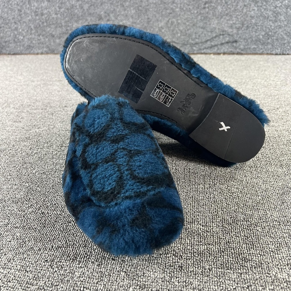 Coach Shoes Mens 11 Blue Shearling Logo Fur Slip On Loafers Leather Sole G4576 - Picture 2 of 11